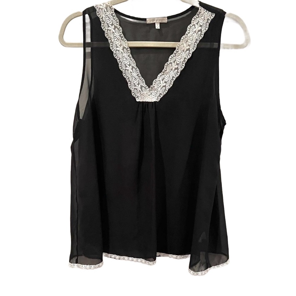 Black Sheer Blouse w/ White Lace Embroidered, Just Ginger, Women’s Medium